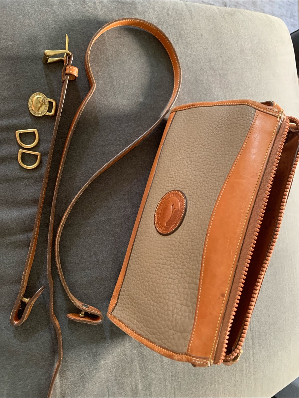 Dooney & Bourke Project Bag- Tan Pebbled Leather Crossbody with Brown Trim